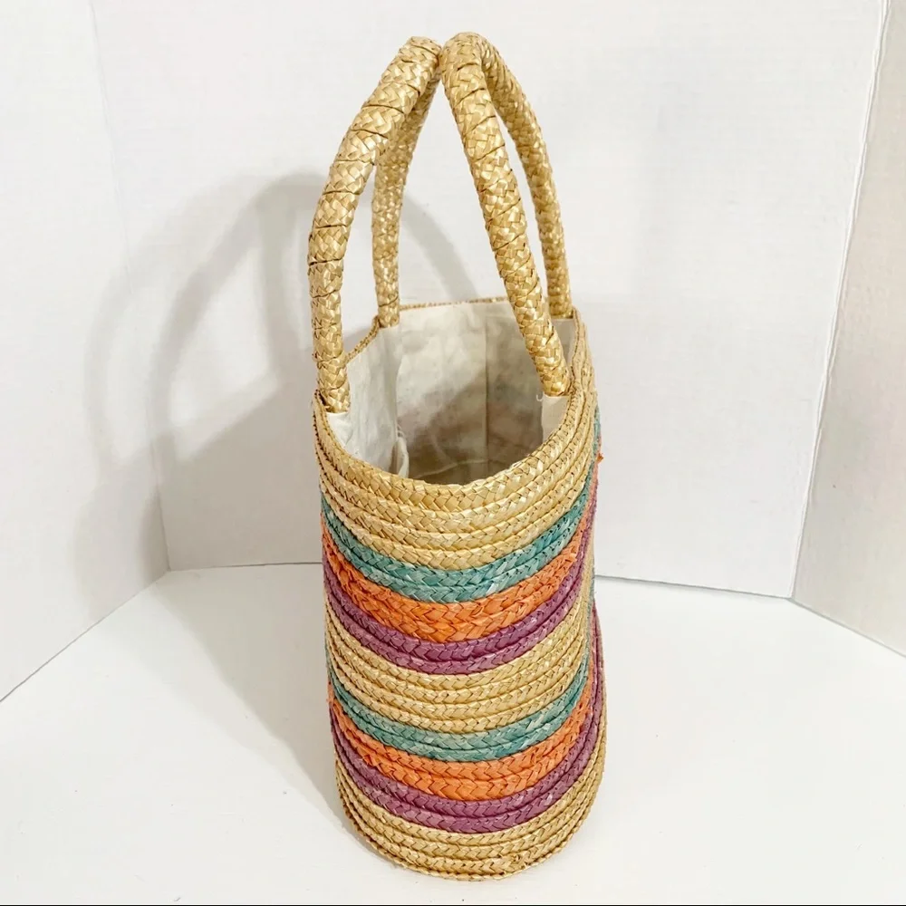 Unbranded Multi Colored Woven Striped Straw Bag Top Hand Fully Lined Oval Shaped